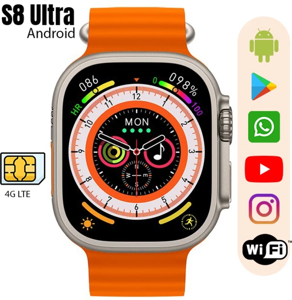 Wholemonkey S8 Series 8 Ultra Smartwatch - 4G Simcard Supported Android Smartwatch - Web Orange