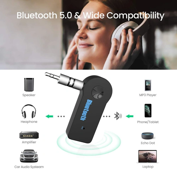 Bluetooth Receiver/Hands-Free Car Kit, Portable 3.5mm Bluetooth Aux Adapter Wireless Music Streaming for Home, Car Audio System, Headphone, Speaker (Bluetooth 4.2, A2DP, 40 FT Range) - Black