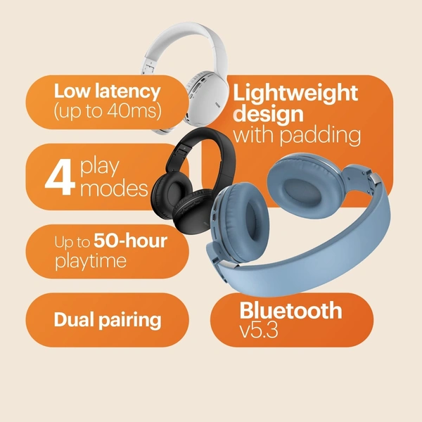 Noise Two Wireless On Ear Headphones with 50 Hours Playtime, Low Latency - Black