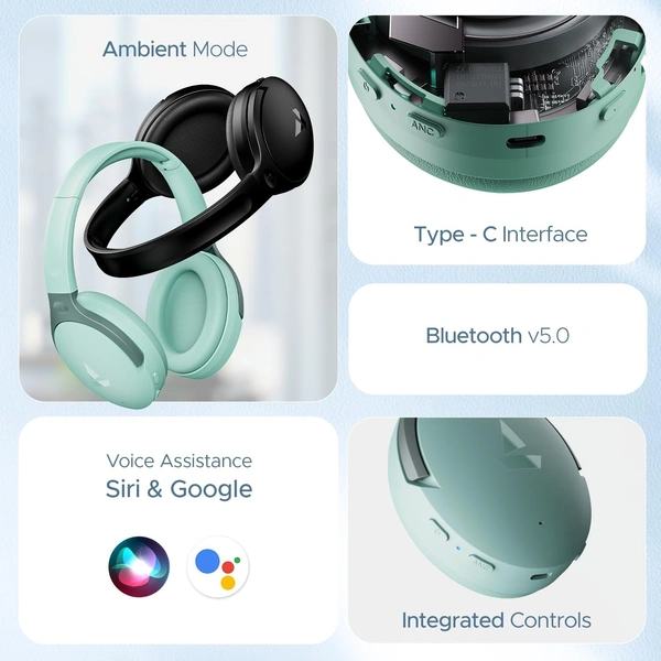 boAt Rockerz 551ANC Bluetooth Hybrid Active Noise Cancellation Over Ear Headphones with Up to 100H Playtime - Cool Green