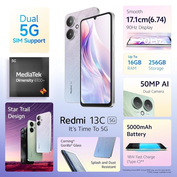  Redmi 13C 5G MediaTek Dimensity 6100+ 5G 90Hz Display Renewed  - 128 GB, Startrail Silver