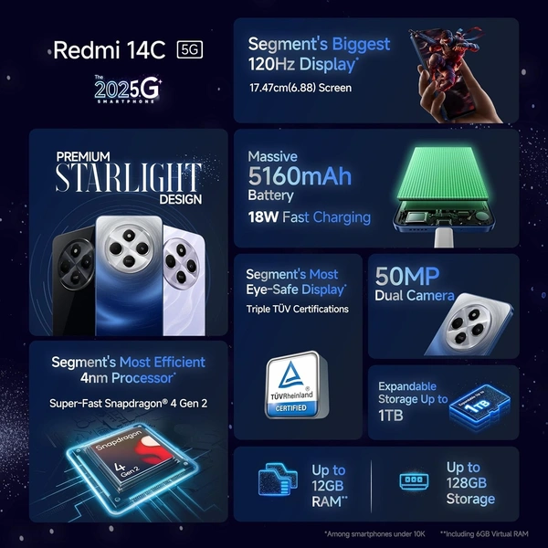  Redmi 14C 5G Superfast 4nm Snapdragon 4 Gen 2 120Hz Renewed - 128 GB, Stargaze Black