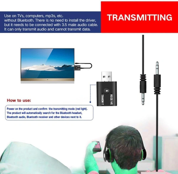 Wireless 3.5mm aux Version Mini Receiver 2 in 1 Transmitter Bt 5.0 Bluetooth Adapter for TV PC Computer Car Speaker WiFi Stereo - Black