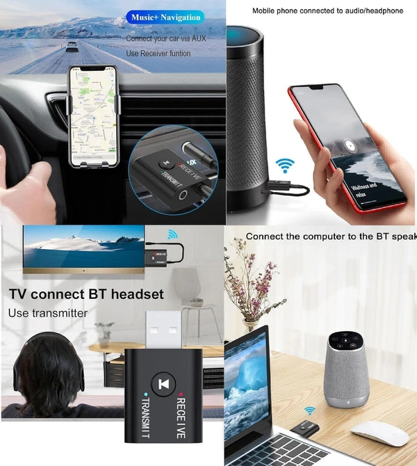 Wireless 3.5mm aux Version Mini Receiver 2 in 1 Transmitter Bt 5.0 Bluetooth Adapter for TV PC Computer Car Speaker WiFi Stereo - Black