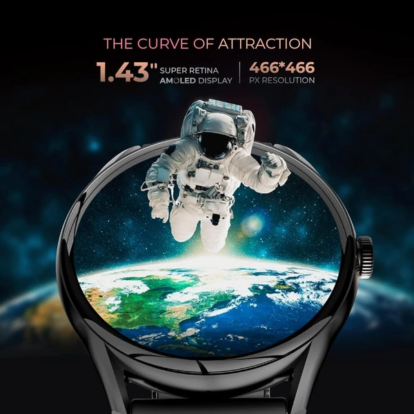 beatXP Vega 1.43" (3.6 cm) Super AMOLED Display, One-Tap Bluetooth Calling Smart Watch, 466 * 466px, 1000 Nits Brightness, Always On Display, 24/7 Health Monitoring, IP68 - Black