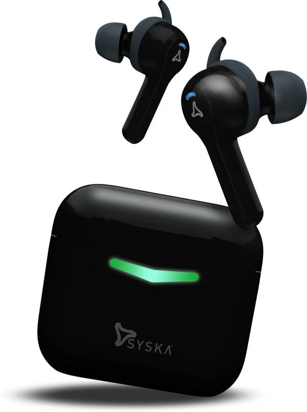 SYSKA Sonic Buds IEB900 Earbuds with 50Hr Play Time, auto ENc Tech, Low Latency, IPX4, 13mm Drivers for Deep Bass, Type-C Charging Random Colour  - Black