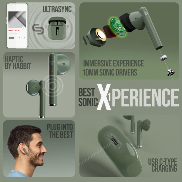 Syska SonicBuds X1 True Wireless Earbuds - Pine Green