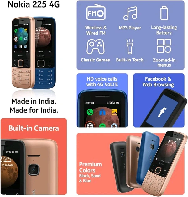 Nokia 225 4G Dual SIM Feature Phone with Long Battery Life, Camera, Multiplayer Games, and Premium Finish - Blue