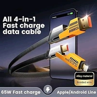 4 in 1 Metal Flat Braided Indestructible Cable 3.3ft 65W compatible for iPhones, iPads, Macbooks, Samsung, OnePlus, Realme, Xiaomi, HTC and Oppo Mobiles, Type C Laptops Pack Of 2 Pc - Gray, 1.2Mtr