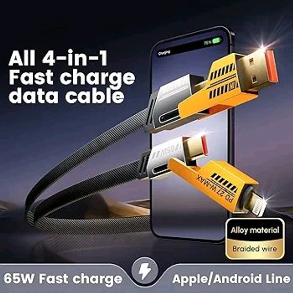 4 in 1 Metal Flat Braided Indestructible Cable 3.3ft 65W compatible for iPhones, iPads, Macbooks, Samsung, OnePlus, Realme, Xiaomi, HTC and Oppo Mobiles, Type C Laptops Pack Of 2 Pc - Gray, 1.2Mtr