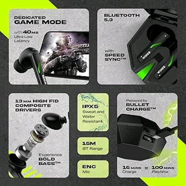 (Refurbished) Wings Phantom 850 Low Latency Wireless Earbuds, Bluetooth Headphones with App Support, Split Cover Gaming Case with LED Lights, 50 Hours Playtime,Quad ENC Mic, Touch Controls TWS Headsets - Black