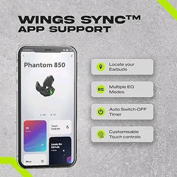 (Refurbished) Wings Phantom 850 Low Latency Wireless Earbuds, Bluetooth Headphones with App Support, Split Cover Gaming Case with LED Lights, 50 Hours Playtime,Quad ENC Mic, Touch Controls TWS Headsets - Black