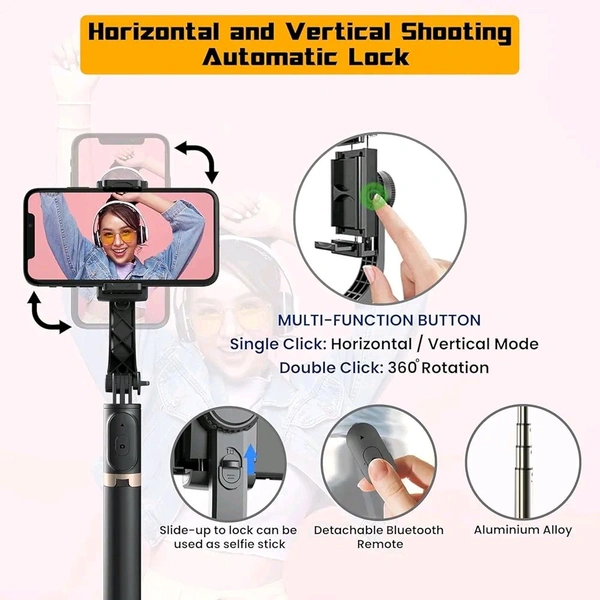 Q08 Mini Gimbal Anti-Shake 1-Axis STABILIZER Extendable Selfie Stick Tripod, Wireless Remote for Smartphone
 - Black