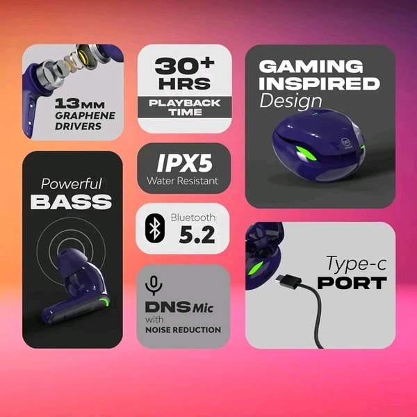 Wings Phantom 250 Wireless Earbuds, with 30 Hours Playtime, Bullet Charge - Blue