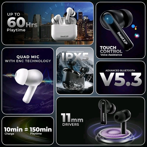 beatXP Vibe XPods Bluetooth True Wireless Ear buds with 60H Playtime, Quad Mic ENC - White