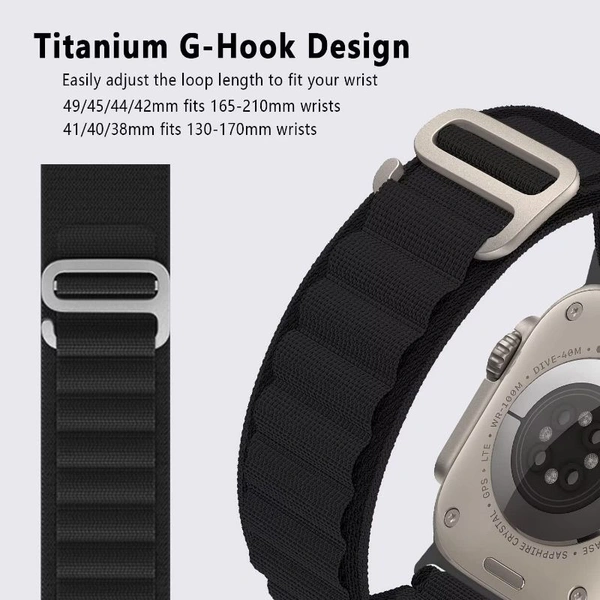 Alpine Loop Compatible with Apple Watch Strap 42mm 44mm 45mm 49mm, Textile Nylon Rugged with Titanium Metal G‑Hook Band Compatible for iWatch Band Series Ultra 8 7 6 5 4 3 2 1 SE ( Black)