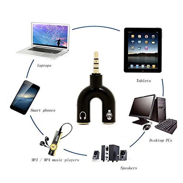 Black 3.5mm U Shape 3 Pin 1 Male to 2 Female EP Stereo Jack Audio Mic Splitter Headset Connector Adapter Compatible with All Mobile Device Phone Converter