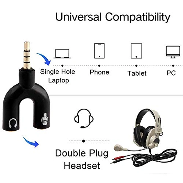Black 3.5mm U Shape 3 Pin 1 Male to 2 Female EP Stereo Jack Audio Mic Splitter Headset Connector Adapter Compatible with All Mobile Device Phone Converter