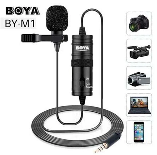 Boya ByM1 Auxiliary Omnidirectional Lavalier Condenser Microphone with 20ft Audio Cable (Black)