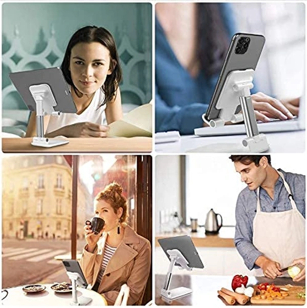 Fully Foldable Tabletop Desktop Tablet Mobile Stand Holder - Angle & Height Adjustable for Desk, Cradle, Dock, Compatible with Smartphones & Tablets