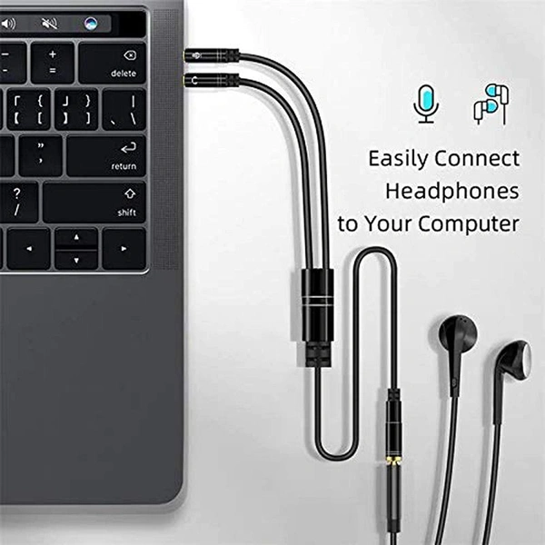 Gold Plated 3.5mm Stereo 2 Male to 1 Female Y-Splitter AUX Cable with Separate Headphone/Earphone/Microphone - (33cm) -Round version Black