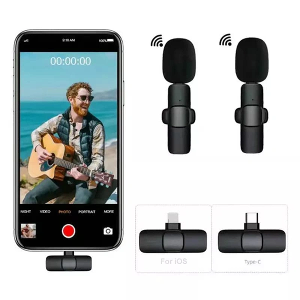 K9 Dual Wireless Collar Microphone 2.4G Lapel Lavalier Mic Omnidirectional Cordless Mike for Interview Youtubers Vlogging Video Recording LiveStream Broadcasting Compatible with iOS Devices