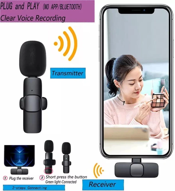 K9 Dual Wireless Collar Microphone 2.4G Lapel Lavalier Mic Omnidirectional Cordless Mike for Interview Youtubers Vlogging Video Recording LiveStream Broadcasting Compatible with iOS Devices