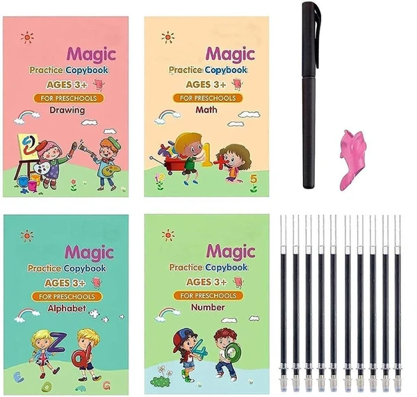 Magic Practice Copybook, (4 BOOK + 10 REFILL+ 1 Pen +1 Grip) Number Tracing Book for Preschoolers with Pen, Magic Calligraphy Copybook Set Practical Reusable