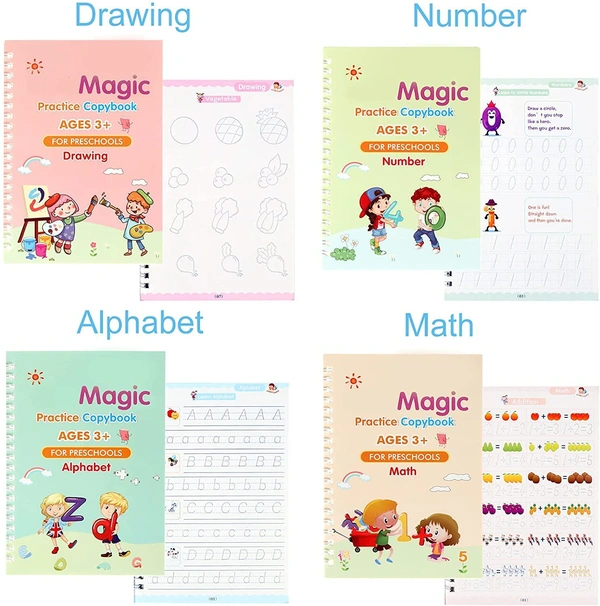 Magic Practice Copybook, (4 BOOK + 10 REFILL+ 1 Pen +1 Grip) Number Tracing Book for Preschoolers with Pen, Magic Calligraphy Copybook Set Practical Reusable