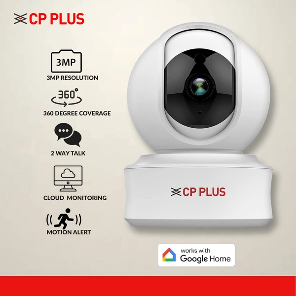 P PLUS 3MP Full HD Smart Wi-fi CCTV Home Security Camera | 360° View | 2 Way Talk | Cloud Monitor | Motion Detect | Night Vision | Supports SD Card, Alexa & Ok Google | 15 Mtr, White- CP-E31A