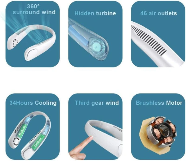 Portable Neck Fan, Personal Mini USB Bladeless Neck Fan 20Hrs Play 9000mah Handfree Neckband Hanging Fans, No Curly Hair Wearable Necklace for Camping Hiking Outdoor Travel