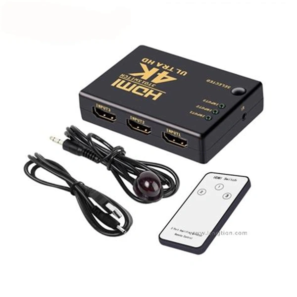 Premium HDMI Switch 3 Port with IR Remote Control for UHD 2K 4K Support, Full HD 1080P, 3D, Switch Splitter with Remote Control, HD Audio, 3 in & 1 Out