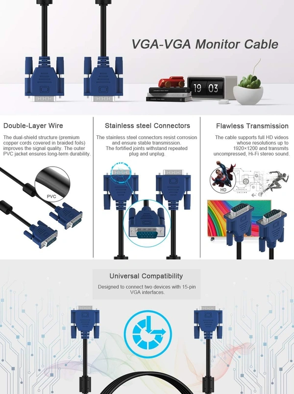 Quality Assured Male to Male VGA Cable Support Monitor/PC/LCD/LED, Plasma, Projector, TFT (LST-VGACBLE-1.5M) - 1.5M