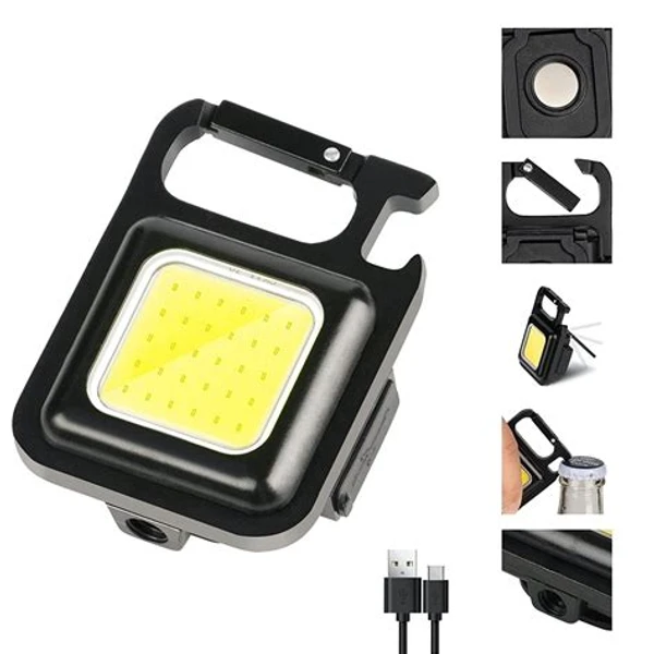 The Genuine Keychain LED Light with Bottle Opener, Magnetic Base and Folding Bracket Mini COB 500 Lumens Rechargeable Emergency Light (Square with 4 Modes)