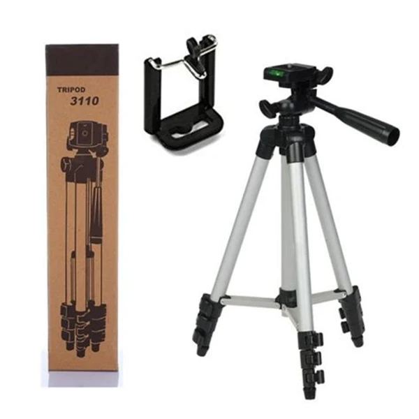 Tripod 3110 Stand with 3-Way Head Tripod 3110 with Mobile Phone Holder Mount Tripod Kit, (Silver, Supports Up to 1100 g)
