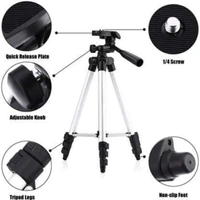 Tripod 3110 Stand with 3-Way Head Tripod 3110 with Mobile Phone Holder Mount Tripod Kit, (Silver, Supports Up to 1100 g)