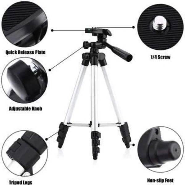 Tripod 3110 Stand with 3-Way Head Tripod 3110 with Mobile Phone Holder Mount Tripod Kit, (Silver, Supports Up to 1100 g)