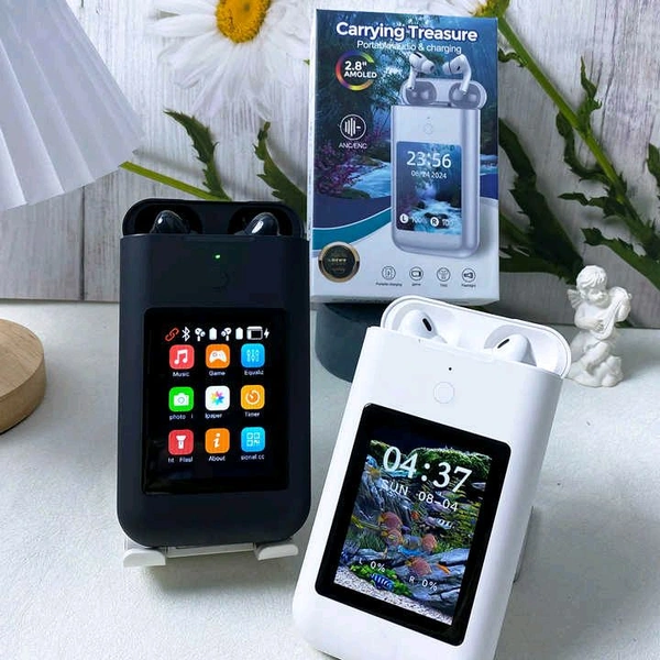 TWS Earphones with 2.8 inch HD Touch Screen, 8000mAh Power Bank, Active Noise Cancellation | Earphones + Power Bank + 2.8 Multimedia Screen, Three-in-one