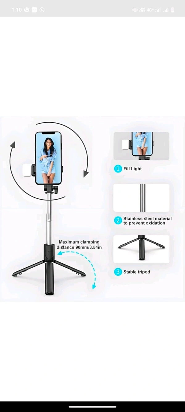 New Metal R-1S-L Selfie Stick With 7 ft Stand & Light & Blutooth (ABS& STAINLESS STEEL)