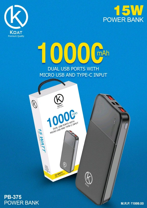 Koat Premium Quality PB-375 10,000mAh Power Bank (6 Months Warranty 15Wts Output Dual USB Port)