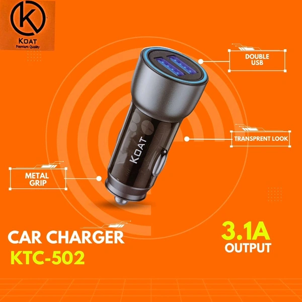 Koat Ktc-502 3.1A Duble, Usb Transparent Look, Metal Grip Car Charger