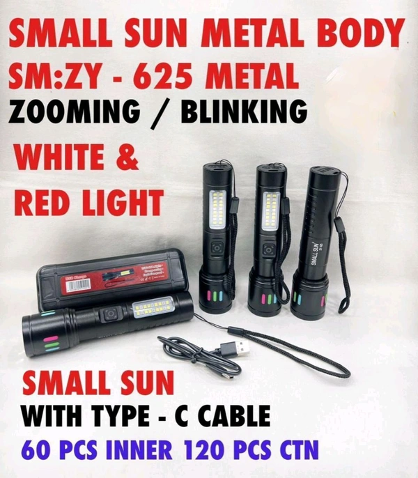 Metal Torch 🔦 White & Red Colour (Type C Port & Zooming & Blinking) Og Heavy Quality 