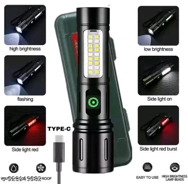 Metal Torch 🔦 White & Red Colour (Type C Port & Zooming & Blinking) Og Heavy Quality 