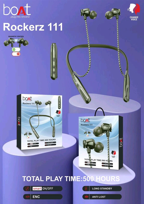 Boat Rockerz 111 💯% Og Neckband Magnetic 🧲 on off+Voice Change+ Cotton Wire+ 350 mah big Battery 🔋+ Metal & Magnet 🧲 Ear+double Box Packing