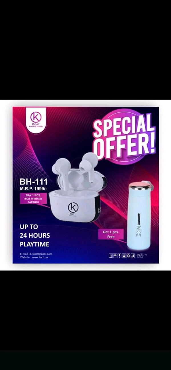 Koat Premium Quality BH-111 Bass Sound Earbuds (By One Get One Water Bottle Free 6 Months Warranty)