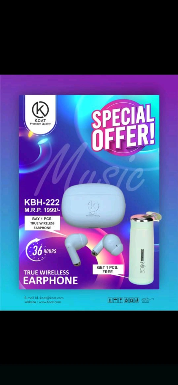Koat Premium Quality BH-222 Earbuds (By One Get One Water Bottle Free 6 Months Warranty)