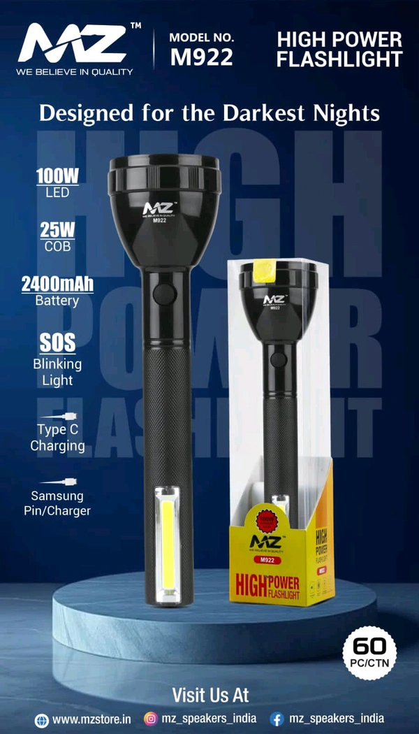MZ M-922 High Power Flash Light (200W Led , 25W COB , 2400mAh Battery, Sos Blinking Light)