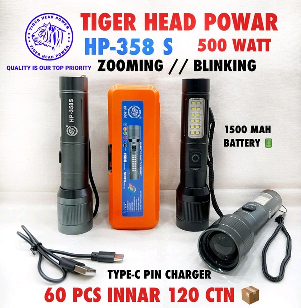 Tiger Head Power Hp-358 S Zooming With Blinking Torch (1500Mah Battery Type C Port Charger)