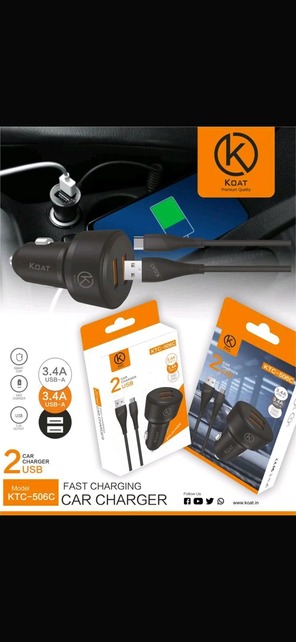 Koat Kt-506 Double Usb Type C Port 3.4Amp Output Car Charger 