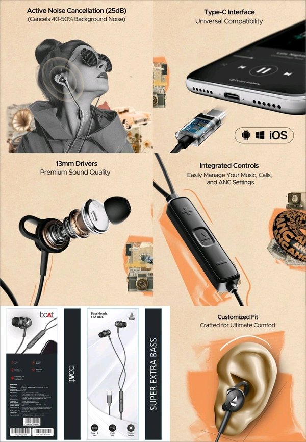 Boat Bassheads B-122 Anc Type C Megnet Metal Og Premium Quality Earphone 